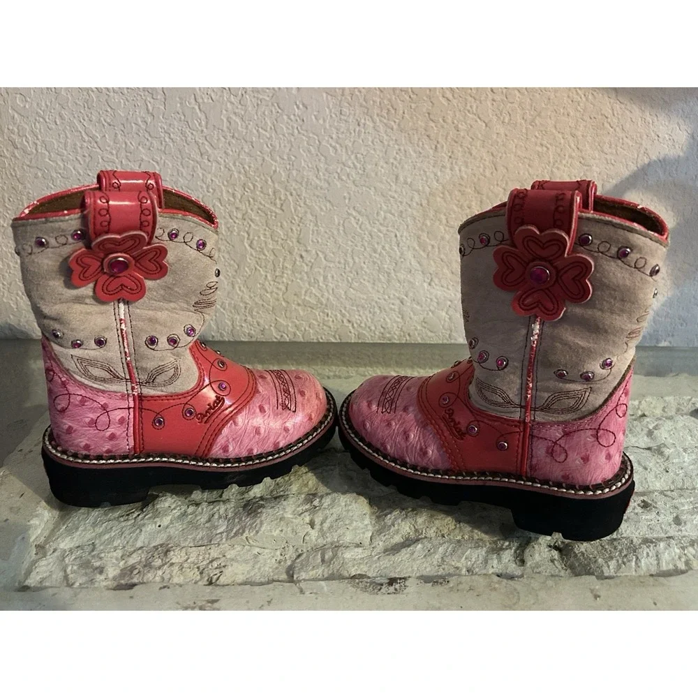 Youth Girl's Size 8.5 Ariat Fatbaby Cowgirl Boots Pink Flower Rhinestone